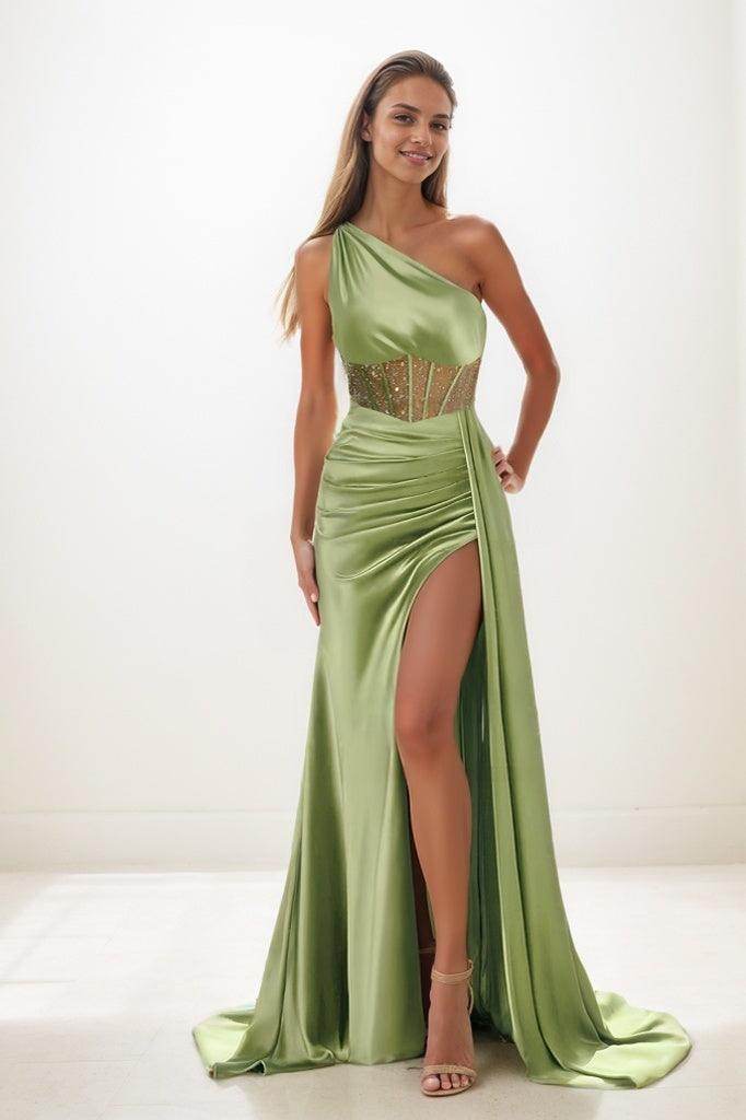 Classic One-Shoulder Sleeveless Silk Like Satin Prom Dresses CS0845 - COCOMELODY